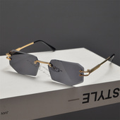 欧美复古无框切边长方形窄框墨镜男女圆脸显瘦多边形小框太阳眼镜