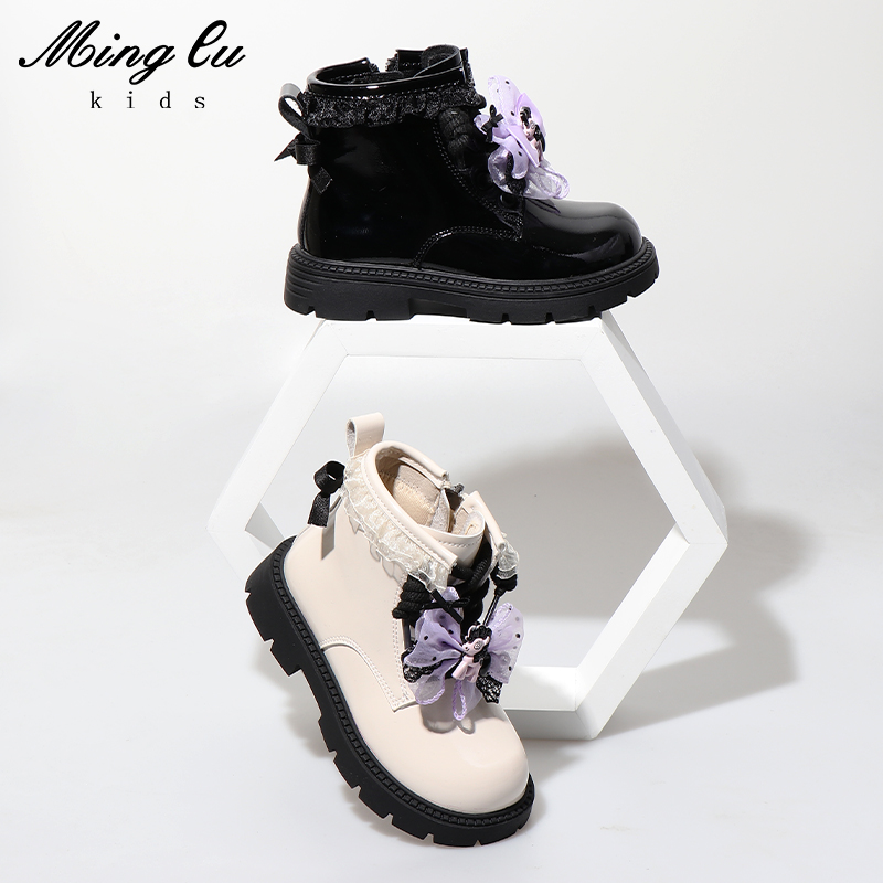 明璐童鞋女童马丁靴软底秋冬加绒时尚亮面女宝皮靴儿童公主棉短靴