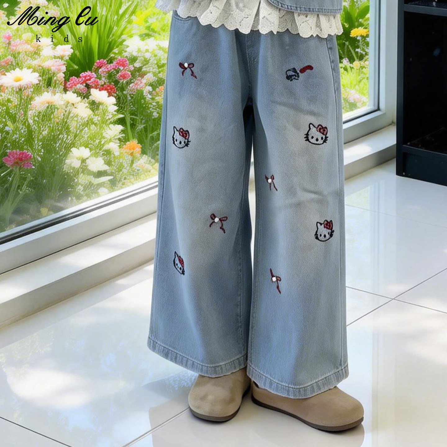 明璐凯蒂猫女童牛仔裤2026春款儿童直筒休闲裤舒适小童洋气阔腿裤