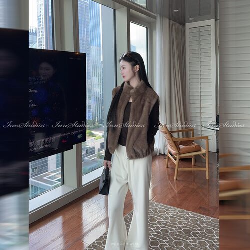 Innstudios 「老钱美拉德」定染环保水貂毛立领老钱马甲晴大大