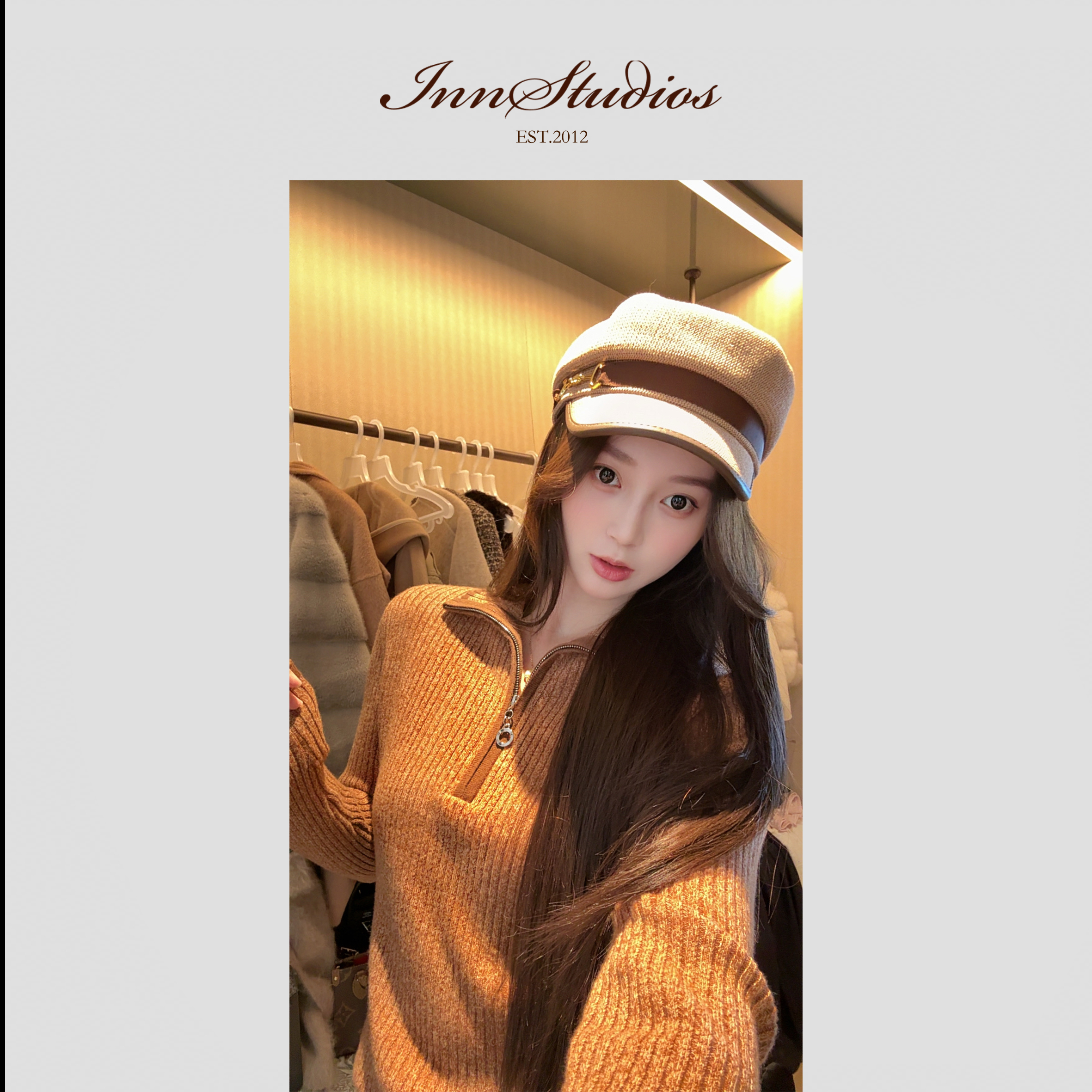 Innstudios[老钱花咖]风花纱咖色半拉链立领针织上衣