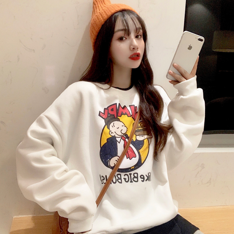 250g winter round neck sweater women Plush casual loose Pullover printed top fashion