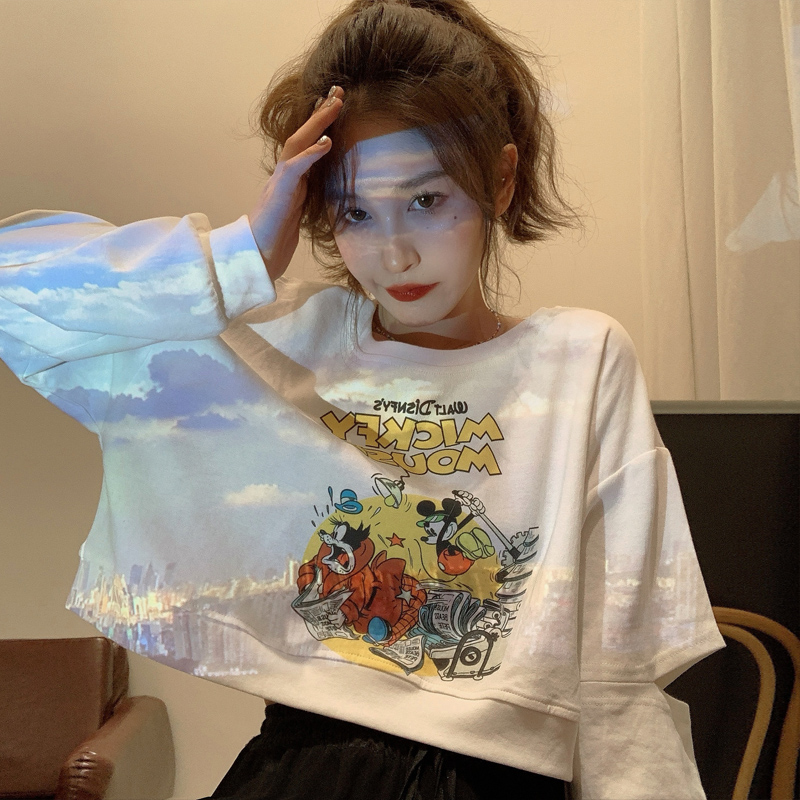 實拍薄款米奇短款衛衣女寬鬆韓版慵懶風上衣