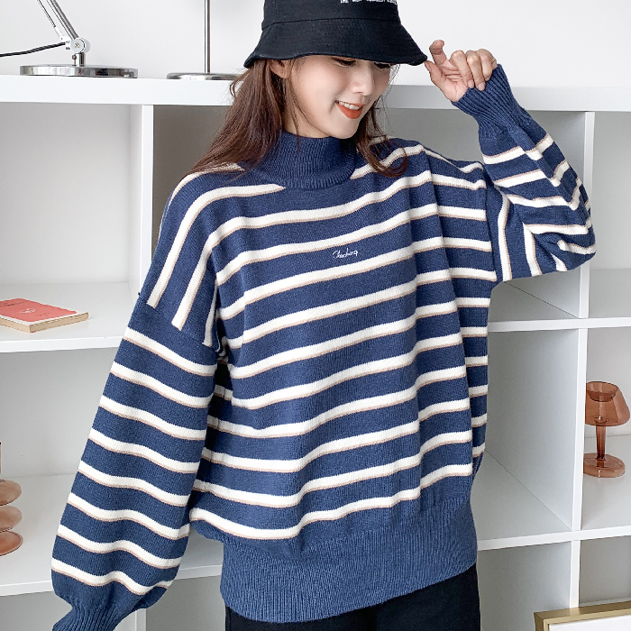 New Korean version of high collar stripe loose wear student Pullover thickened long sleeve knitted sweater