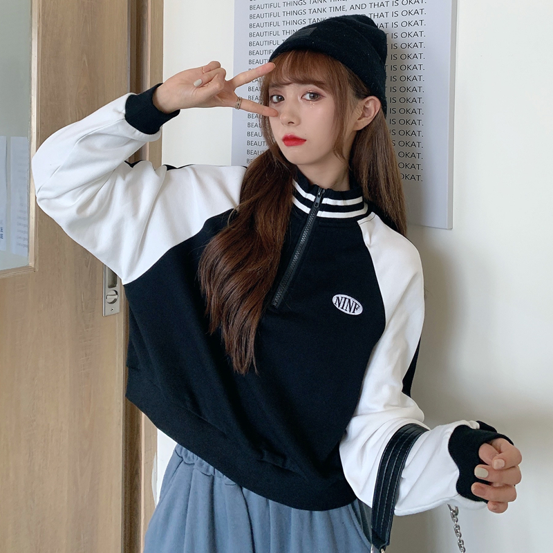 6535 fish scale stand collar short zipper embroidery thin sweater