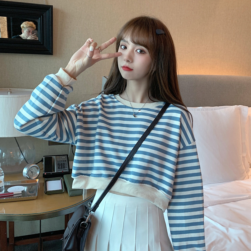 2021 real fish scale 7525 cotton small versatile stripe loose thin long sleeve sweater women's round neck