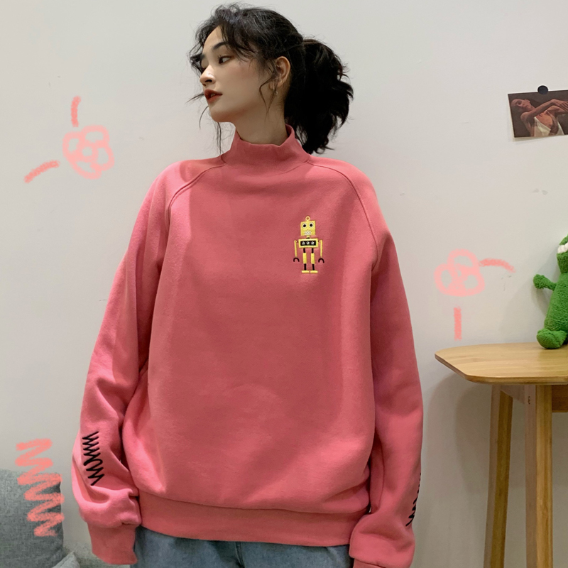 Real shot 250g half high collar sweater women's loose Korean Plush thickened BF lazy top