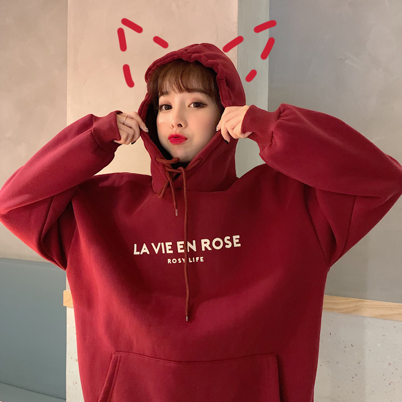 Real shot 250g winter hooded and cashmere sweater women's thickened loose printed pocket Pullover coat