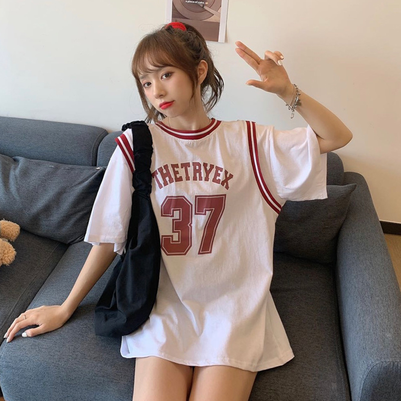 Real shooting basketball suit women's loose BF style long short sleeve T-shirt fake two-piece top