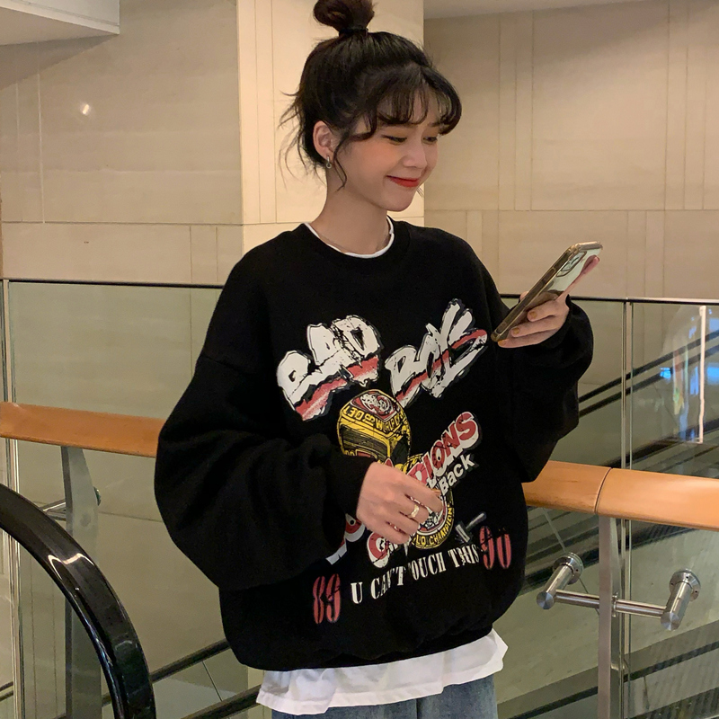 Real shot 13% cotton plush 270g fake two round neck hoodless Plush thickened sweater for women