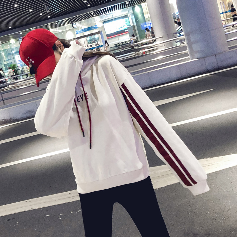 Real shot of autumn new style hooded long sleeve drawstring small letter sweater