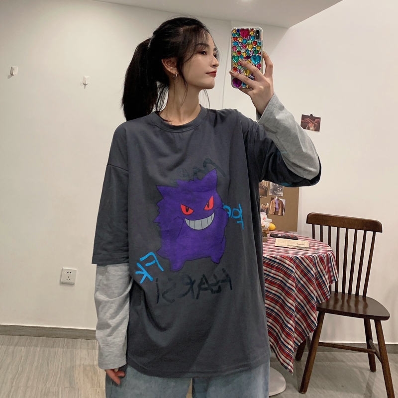 2021 real fish scale 7525 cotton fake two long sleeve sweater women's versatile round neck T-Shirt Medium Length top