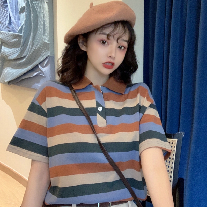 實拍實價短袖t恤女中長款條紋 POLO領