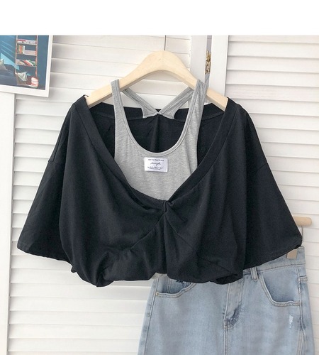 Cotton summer new T-shirt short loose fake two pieces of fashion versatile retro chic clothes schoolgirl