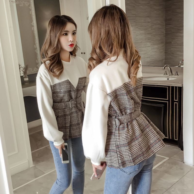 Autumn / winter 2020 women's winter Korean fashion student ins fake two piece set loose Pullover patchwork Plaid top