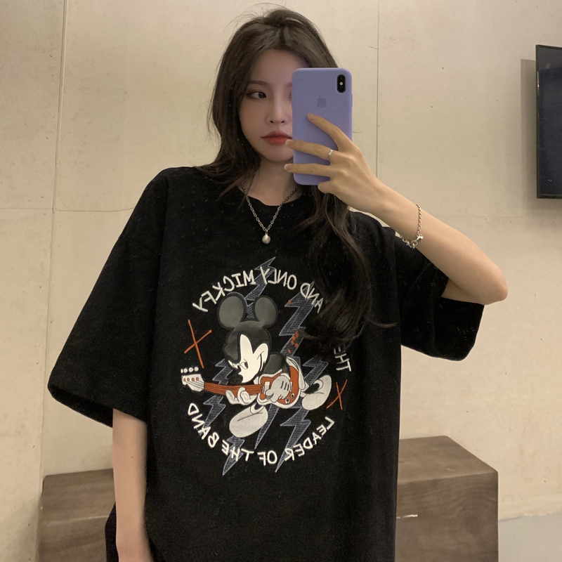 實拍米奇短袖恤女寬鬆韓版原宿風刺繡上衣