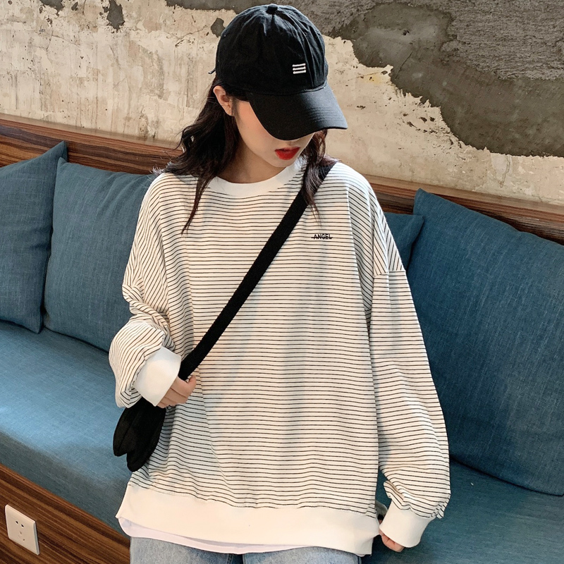 Real shot 250g sweater women's Korean loose BF lazy style fake two piece Plush thickened top