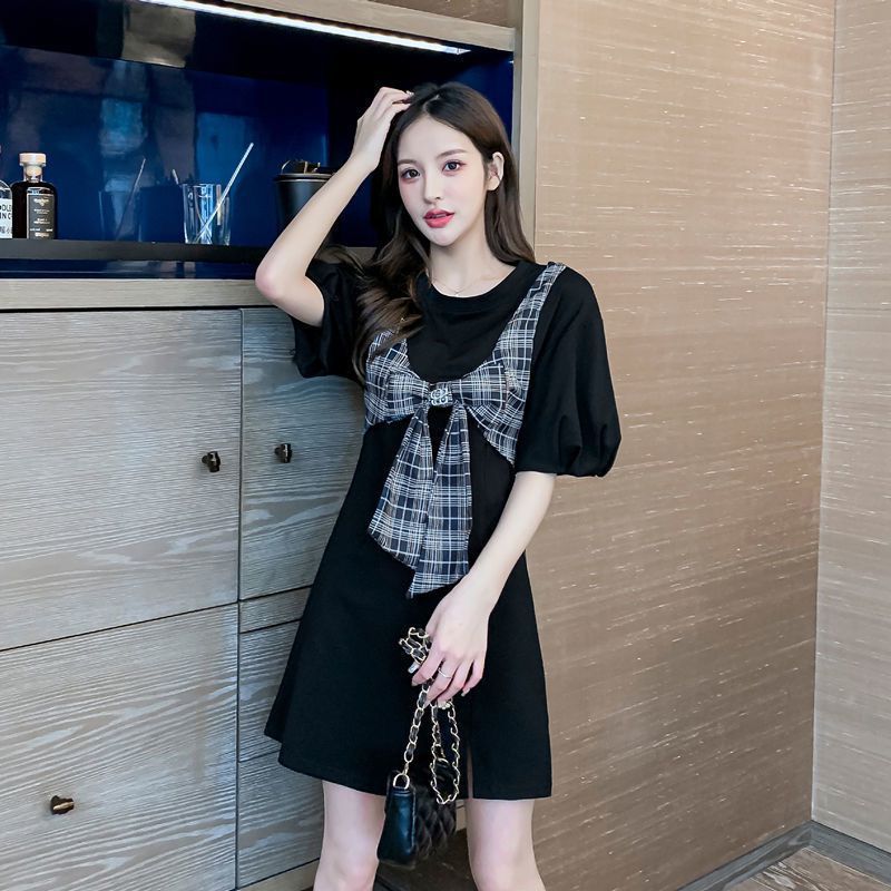 Academy style two piece short sleeve dress with bow tie for women