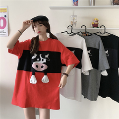 實拍實價短袖恤女拼接寬鬆印花中長款