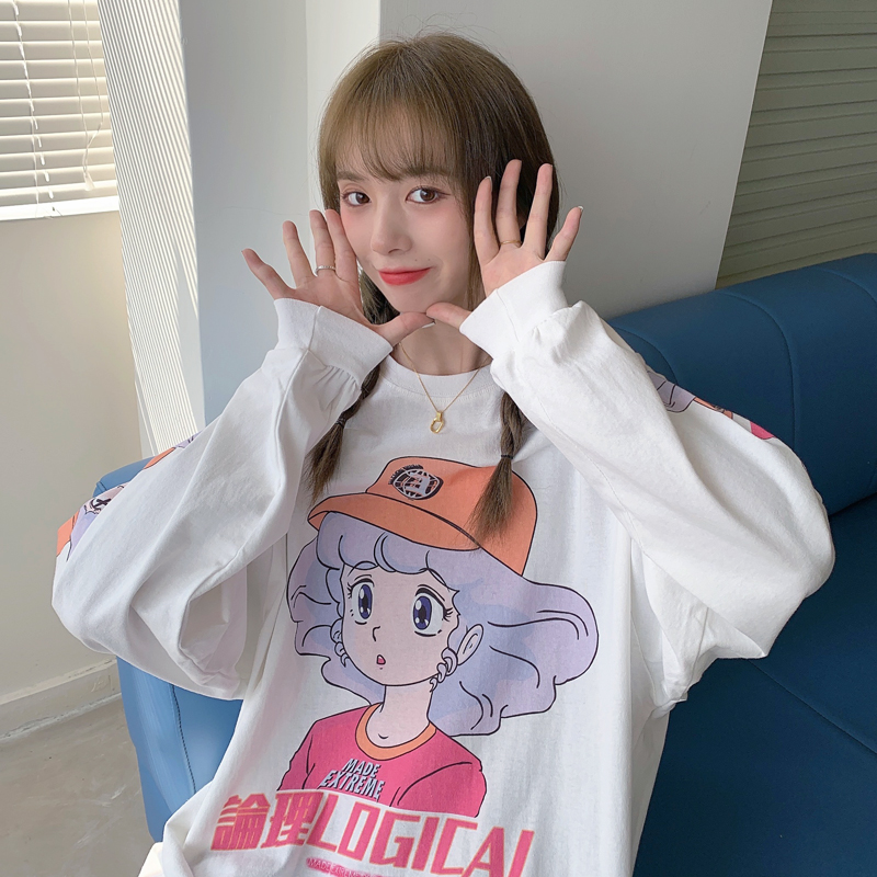 2021 real fish scale 7525 cotton thin round neck sweater women's loose cartoon print medium length