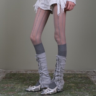 秋冬搭配条纹丝袜银鞋 清新复古风 潮袜 灰色流苏堆堆袜女 西岭