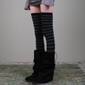 西岭 条纹日杂感 秋冬复古木质调条纹过膝大腿袜子女