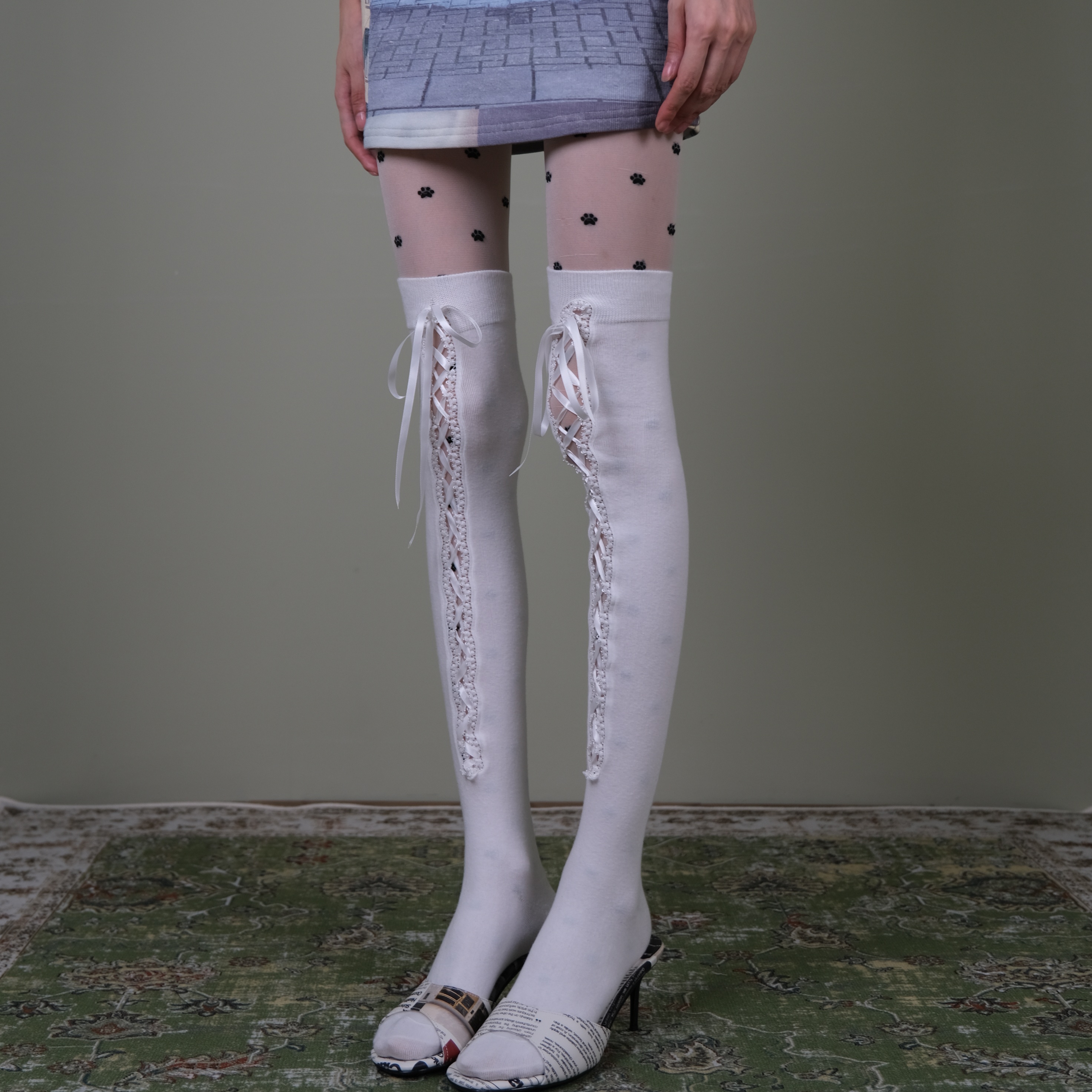 白色蕾丝绑带过膝袜女甜美浪漫
