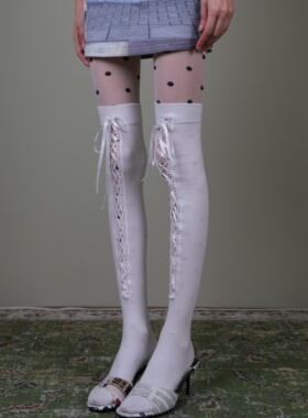 西岭【白色蕾丝绑带过膝袜女甜美浪漫风搭配猫爪丝袜艺术高跟鞋潮