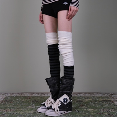 秋冬日杂感保暖过膝袜条纹叠穿