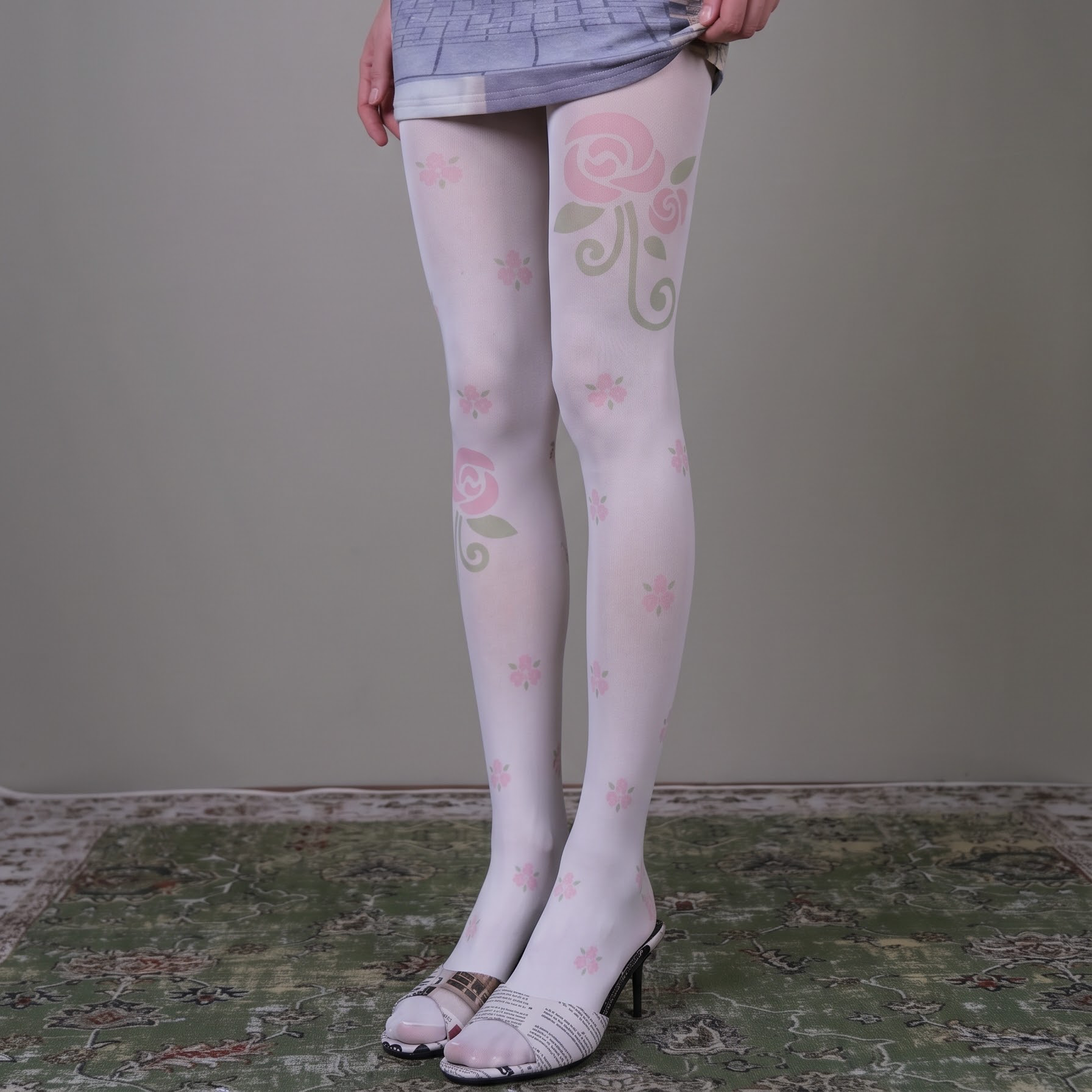 西岭 Y2K亚文化油画感碎花连裤袜女 木质调质感少女打底裤袜