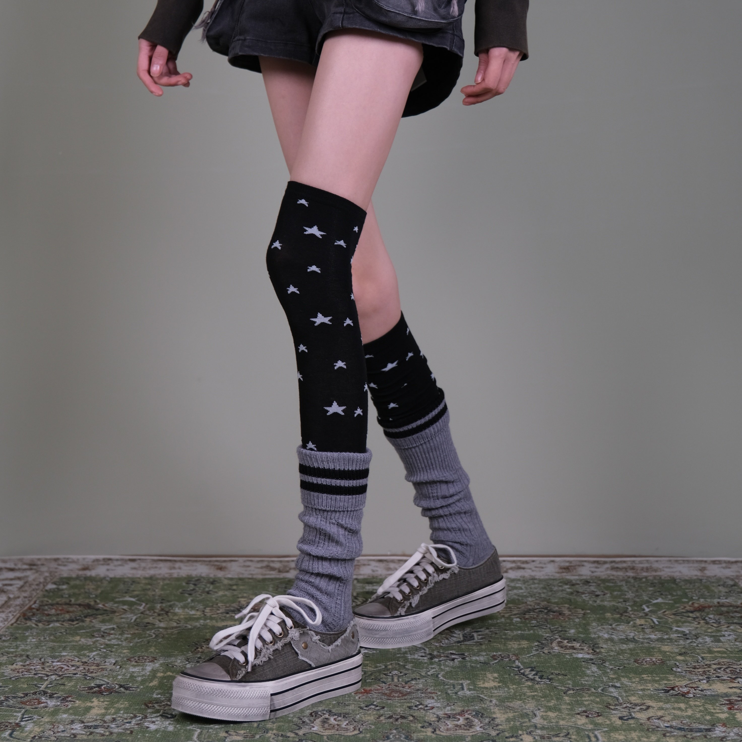 西岭【黑底银星过膝袜女 街头叠穿潮酷风 搭灰条堆堆袜小腿,女士内衣/男士内衣/家居服,长筒袜,淘宝优惠券,粉丝福利购,淘宝优惠卷