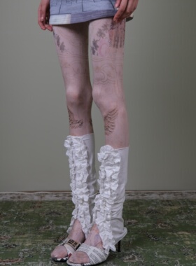 西岭【个性图案印花纹身丝袜时尚复古抽象叠穿白色堆堆花边袜套