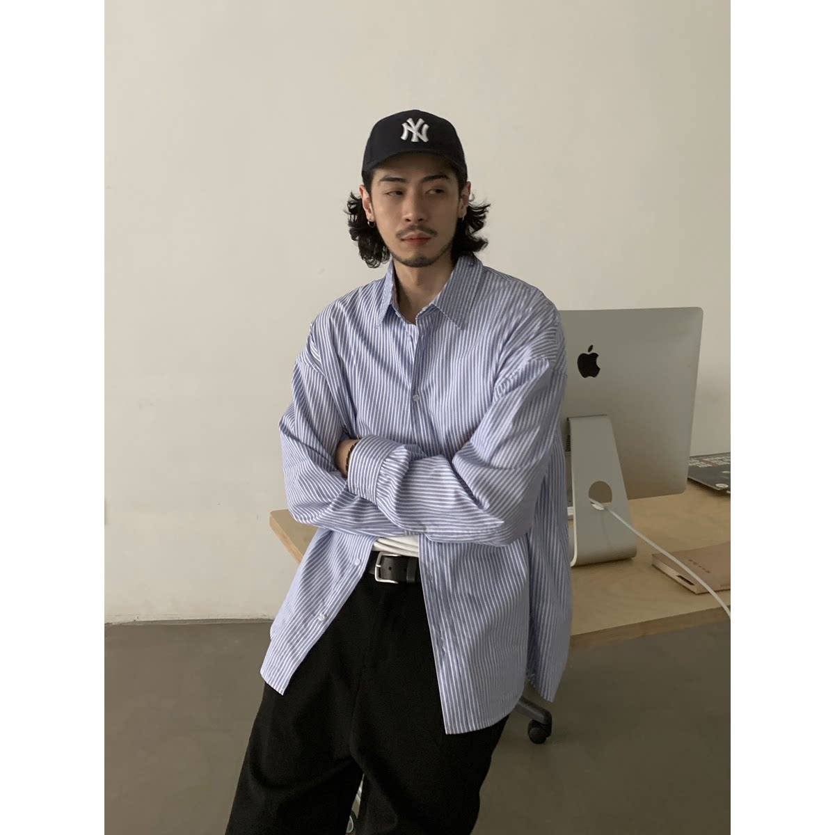 Inknots Minimalist Retro Bauhaus Comfy Basics Versatile Wide Loose Stripes shirt Men and Women Casual Trendy Shirts