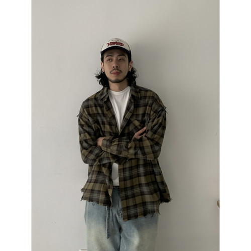 INKNOTS复古毛边设计感格纹衬衫