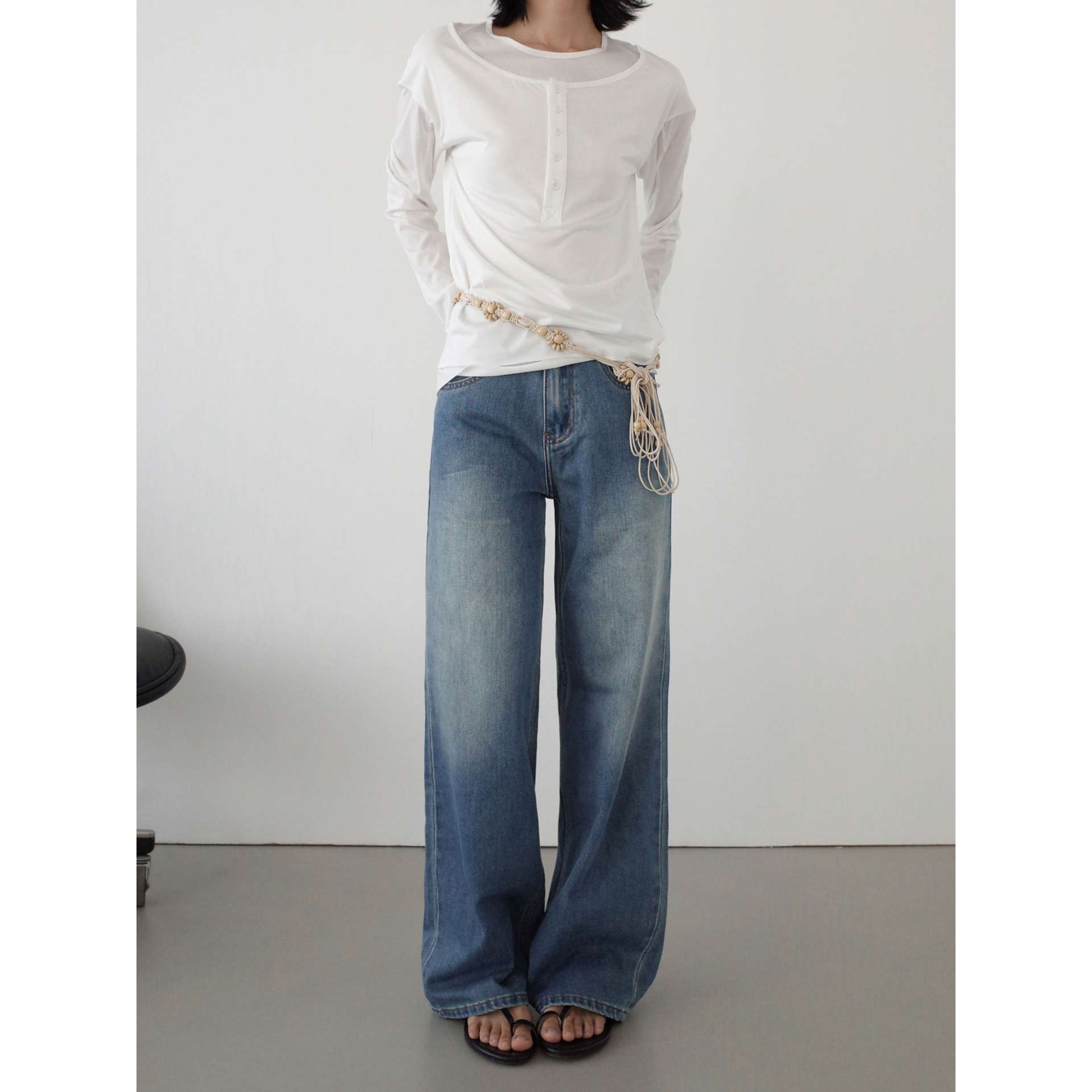 INKNOTS水洗做旧微喇阔腿牛仔裤