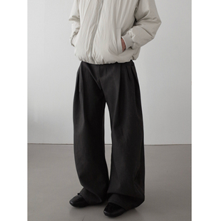 男女直筒宽松百搭双褶弧形弯刀西裤 INKNOTS美式 复古垂感休闲长裤