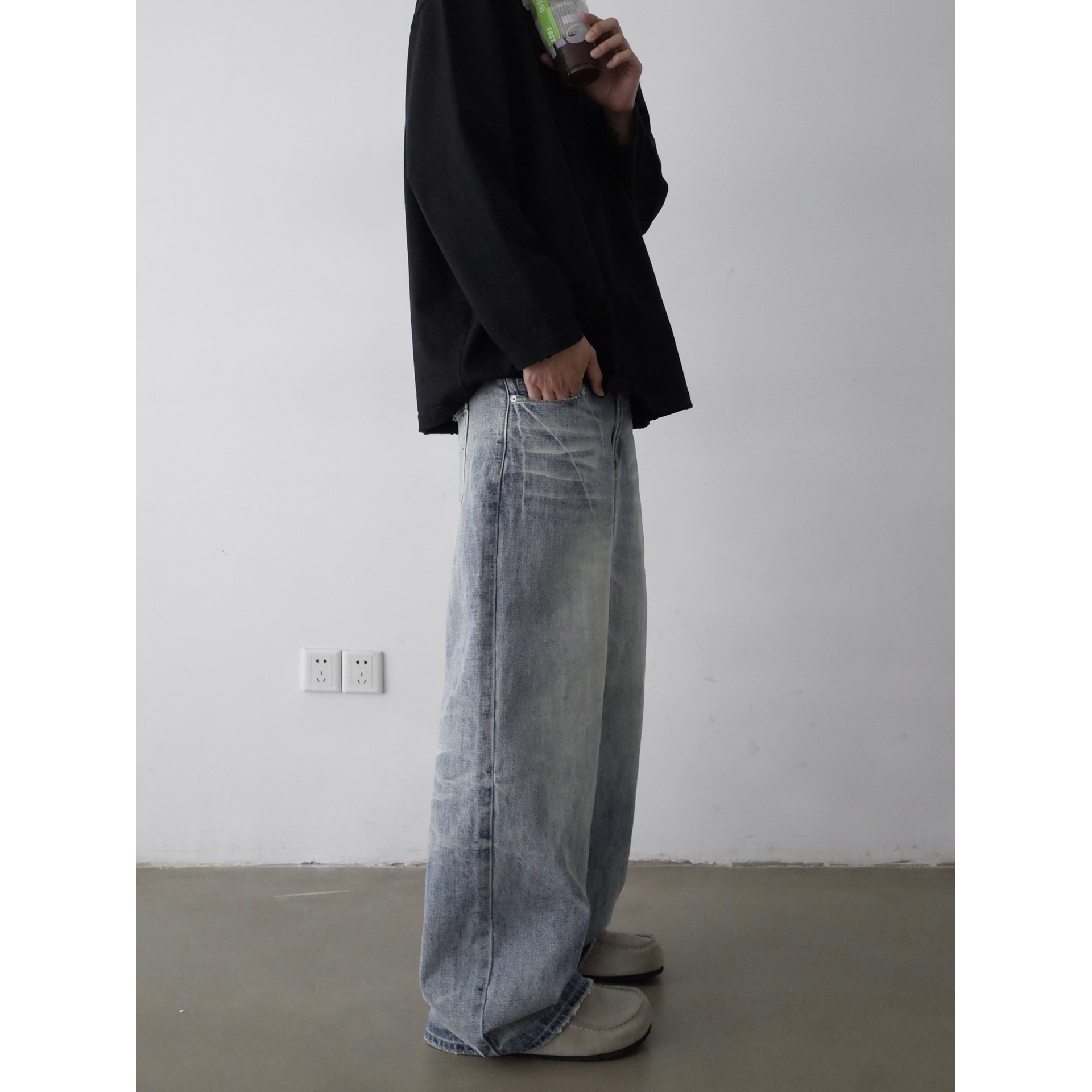 INKNOTS裂纹水洗做旧猫须牛仔裤