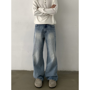 男女宽松休闲baggy直筒阔腿裤 INKNOTS美式 复古水洗做旧猫须牛仔裤