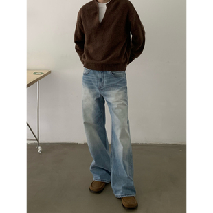 子 男女cleanfit长裤 INKNOTS美式 复古水洗做旧猫须vibe直筒牛仔裤