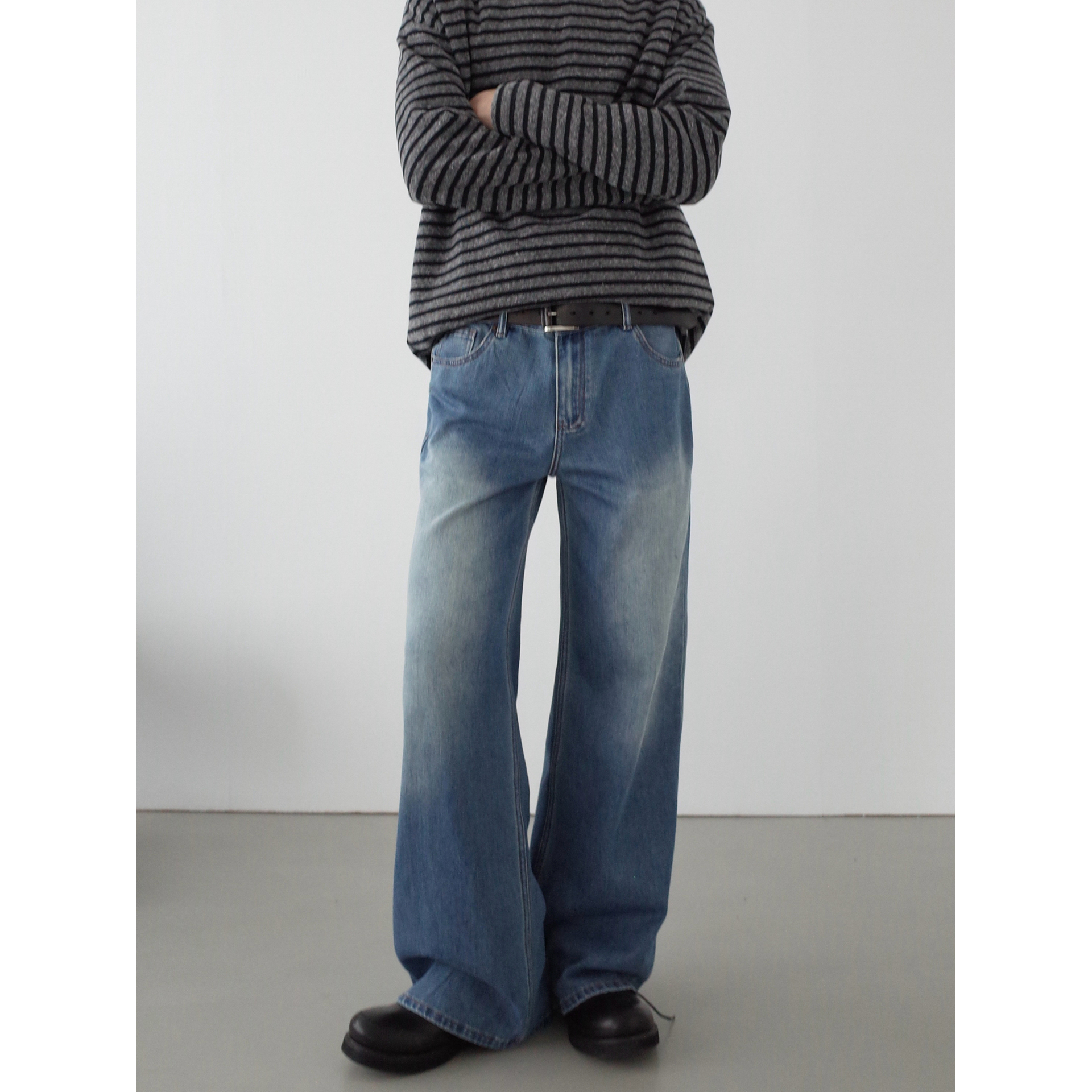 INKNOTS水洗做旧微喇牛仔阔腿裤