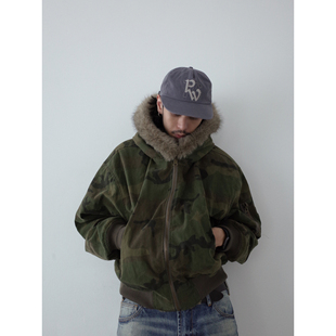 INKNOTS美式复古水洗做旧双面穿羊羔毛绒迷彩连帽bomber棉服外套