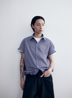 INKNOTS美式通勤蓝色格纹短袖衬衫男女复古宽松休闲vintage衬衣潮