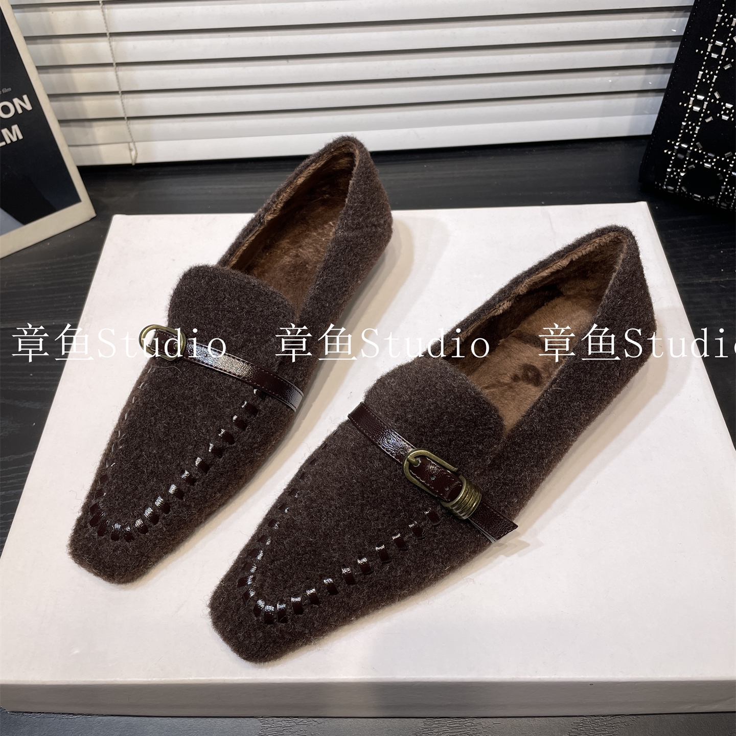 加绒保暖平底小方头乐福鞋