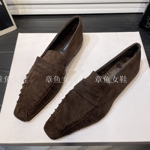 加绒方头复古粗跟英伦风单鞋女2025秋冬新款通勤绒面一脚蹬乐福鞋