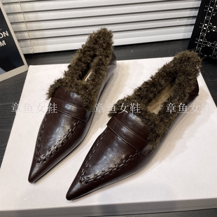 法式秋冬复古编织加绒深口尖头单鞋女低跟时尚显瘦保暖棉鞋毛毛鞋