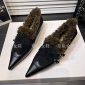 一脚蹬乐福鞋 气质显瘦加绒保暖复古毛毛鞋 女外穿坡跟深口尖头单鞋