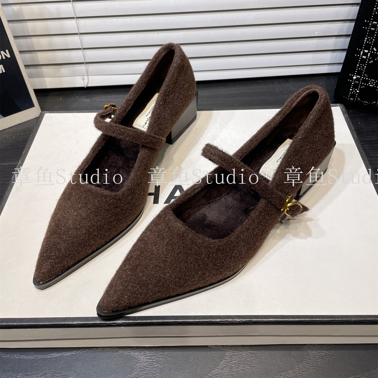 一字带粗跟毛毛鞋加绒保暖棉单鞋