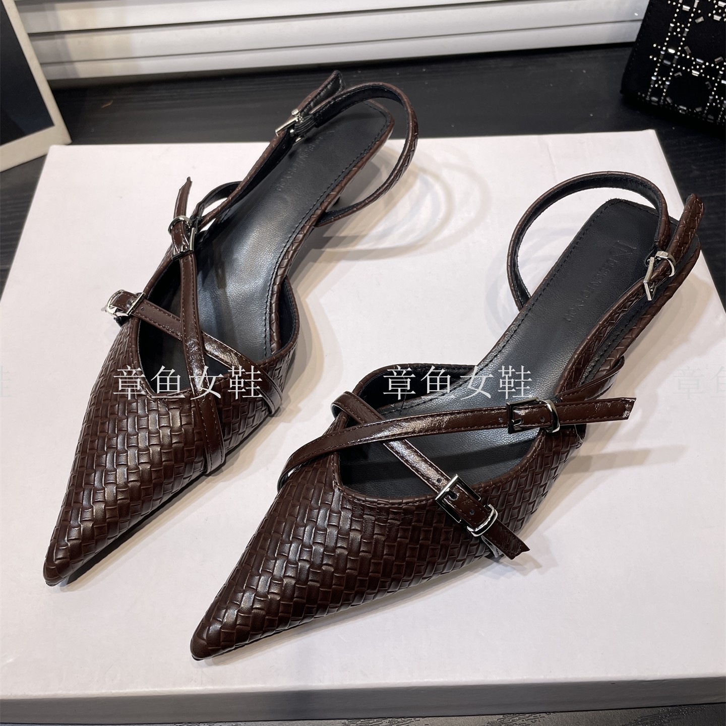 法式编织交叉带尖头细跟包头凉鞋女2026春季新款性感名媛后空单鞋,女鞋,时装凉鞋,淘宝优惠券,粉丝福利购,淘宝优惠卷