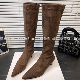 性感不过膝长筒靴女尖头细跟绒面弹力瘦瘦长靴新款 百搭高跟瘦腿靴