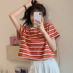 Short sleeve T-shirt, female stripe, high waist and navel, short, loose, Korean INS, elegant girl's sexy top, summer